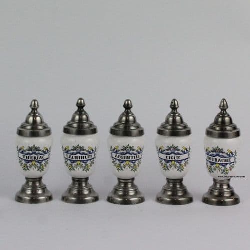 Série de 5 pots d'apothicaire miniature en étain