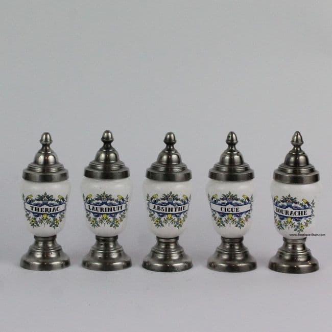 Série de 5 pots d'apothicaire miniature en étain