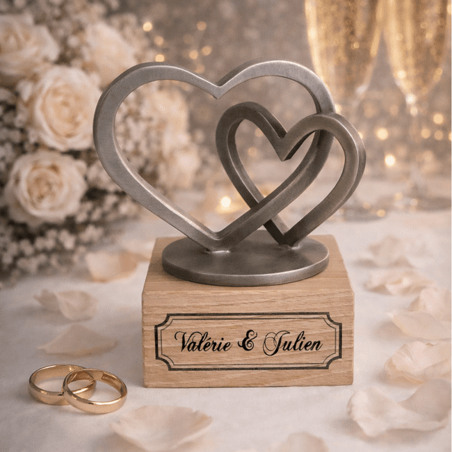 Sculpture coeurs en étain sur socle bois