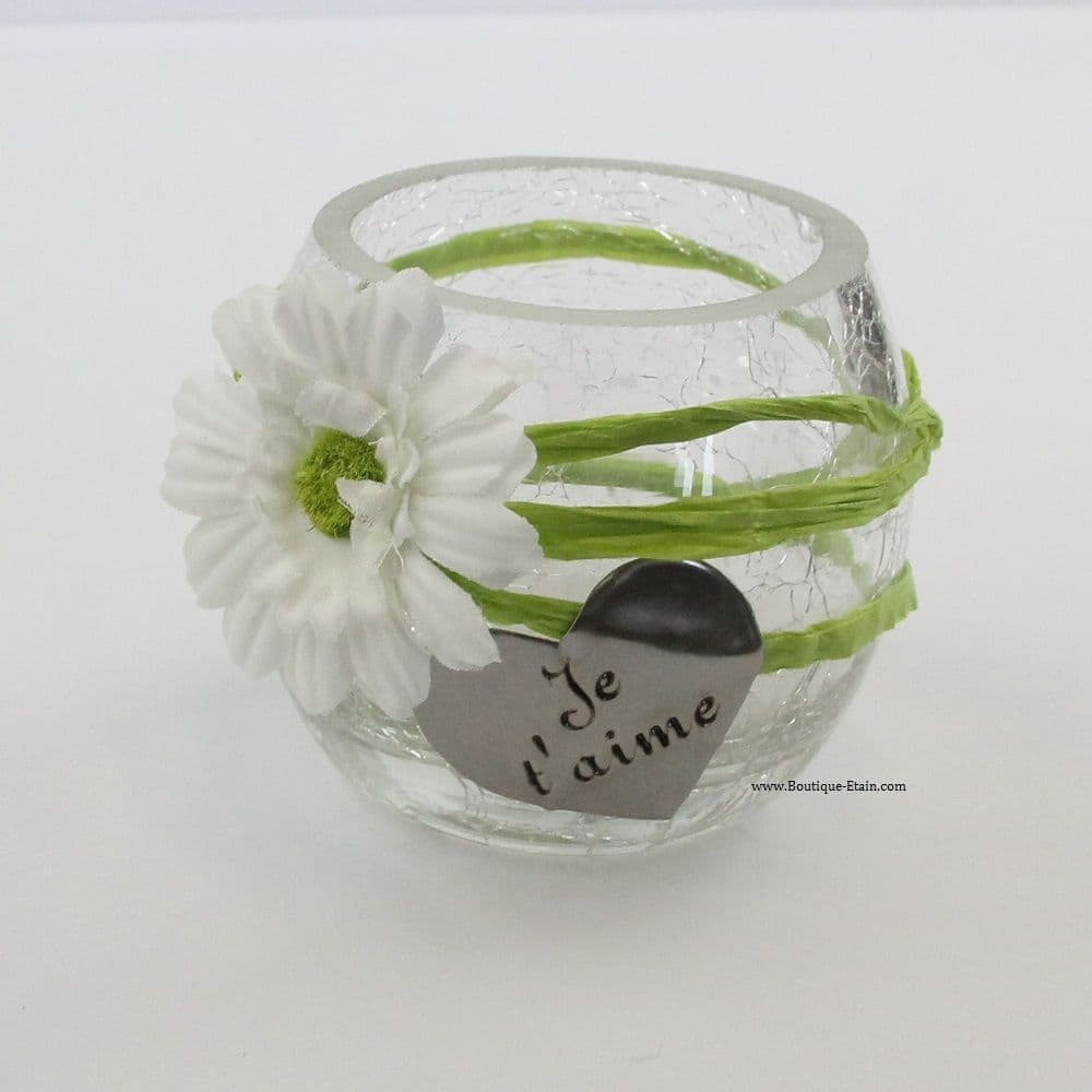 Vase craquelé décor marguerite et coeur en étain