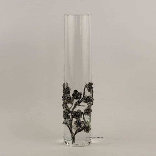 Vase soliflore décor fleuri en étain forme tube