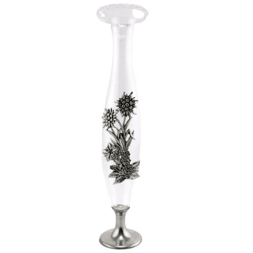 Vase soliflore en verre pied en étain motif fleuri