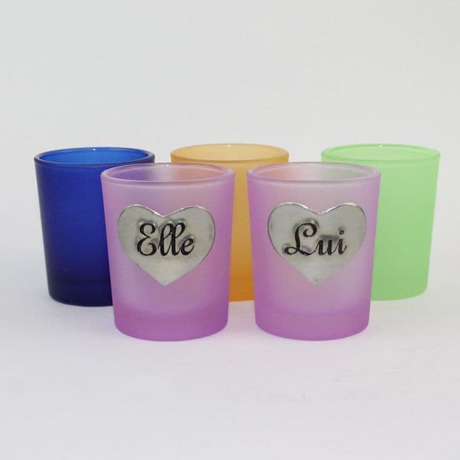 Verre à liqueur coloré applique Elle et Lui en étain