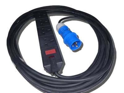 10m 230v 16a blue plug to 4 way 13a socket adaptor