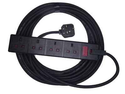 3m 4 gang socket heavy duty 13amp black extension lead