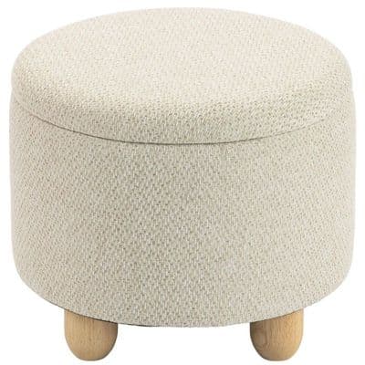 Beige Round Storage Ottoman With Lid