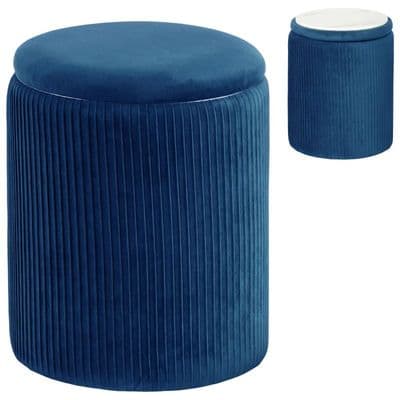 Blue Velvet Style Round Footstool With Marble Effect Lid