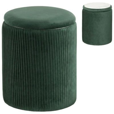 Dark Green Velvet Style Round Footstool With Marble Effect Lid