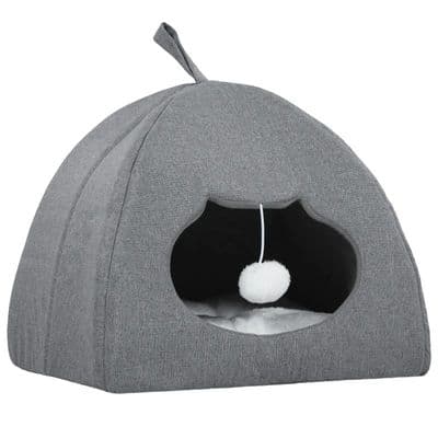 Grey Cat Igloo Bed With Ball & Anti Slip Base