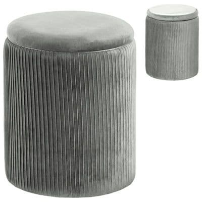 Grey Velvet Style Round Footstool With Marble Effect Lid