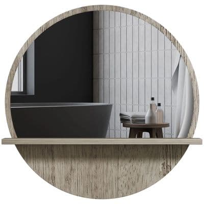 Grey Wood Effect Round Mirror With Shelf