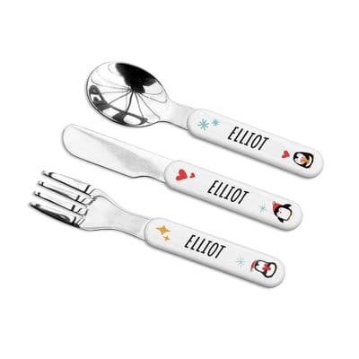 Kids Personalised Metal Cutlery Set Winter Penguin Design