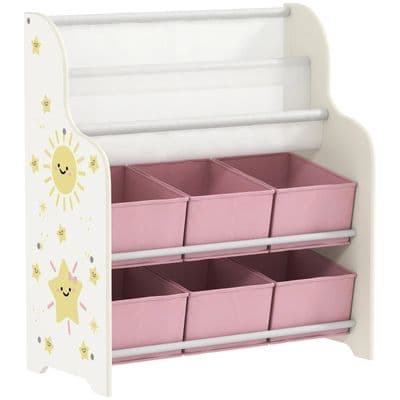 Kids Pink Toy Organiser With 6 Fabric Drawers & Sling Book Rack