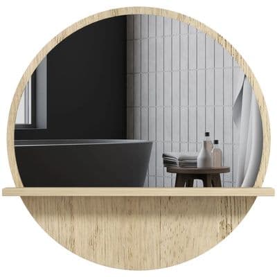 Natural Wood Effect Round Mirror With Shelf