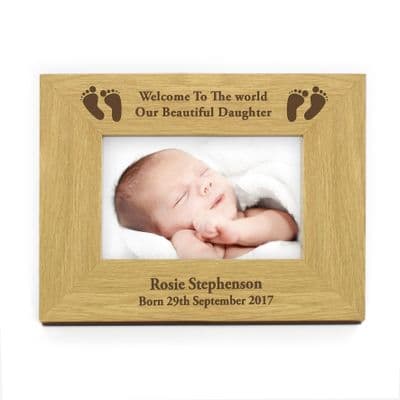 Personalised Baby Footprints Oak Finish Landscape Photo Frame