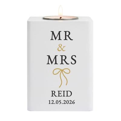Personalised Black & Gold Bow White Wooden Tealight Holder