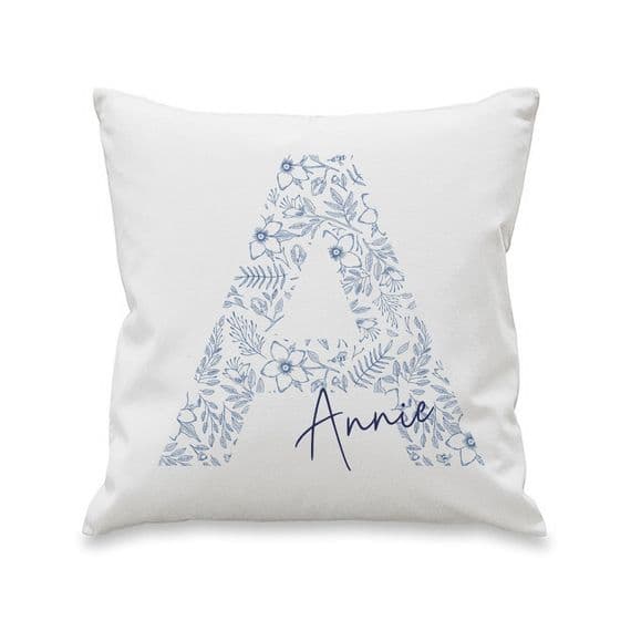 Personalised Blue Floral Initial Cushion