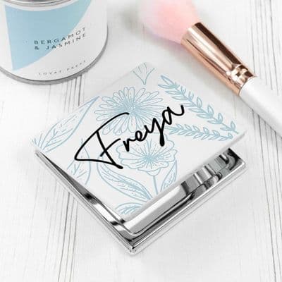 Personalised Blue Floral Square Compact Mirror