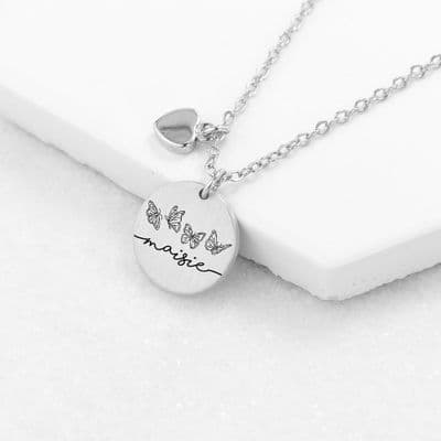 Personalised Butterfly Matte Heart And Disc Necklace