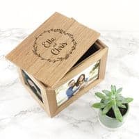Personalised Couples Midi Oak Photo Cube Wreath Design