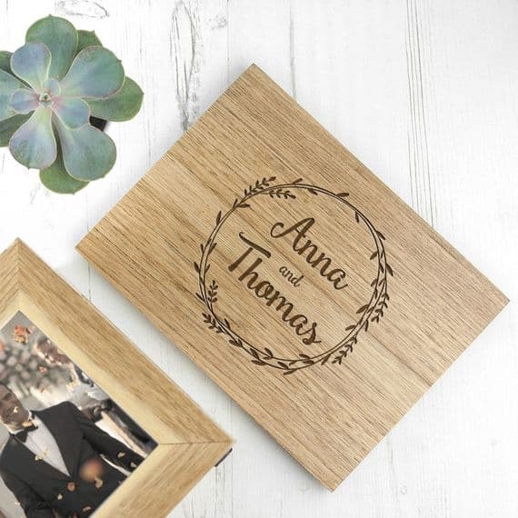 Personalised Couples Midi Oak Photo Cube Wreath Design