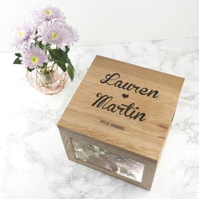Personalised Couples Oak Photo Heart Keepsake Box