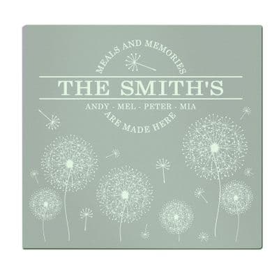 Personalised Dandelion Glass Chopping Board Worktop Saver