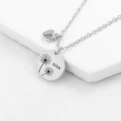 Personalised Dandelion Matte Heart And Disc Necklace