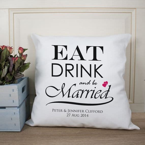 Personalised Eat Drink And Be Married Couples Cushion Cover