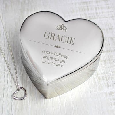 Personalised Elegant Crown Heart Trinket Box With Sterling Silver Heart Necklace