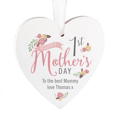 Personalised Floral Bouquet 1st Mothers Day Wooden Heart Ornament