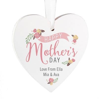 Personalised Floral Bouquet Mother's Day Wooden Heart Ornament