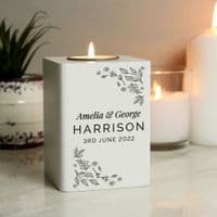 Personalised Floral Leaf White Wooden Tea Light Holder