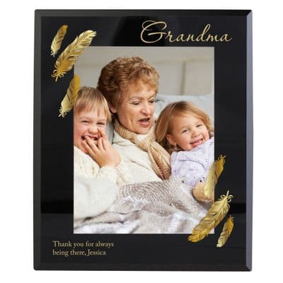 Personalised Golden Feather Black Glass Photo Frame