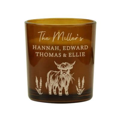 Personalised  Highland Cow Amber Glass Candle