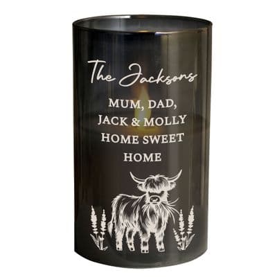 Personalised Highland Cow Black Glass LED Candle
