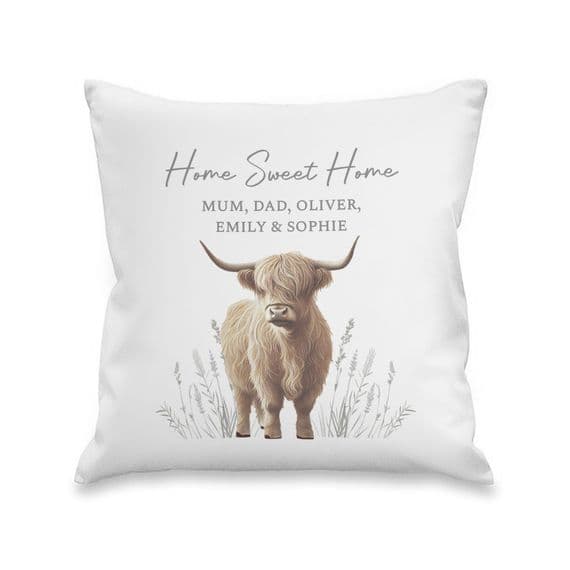 Personalised Highland Cow Meadow Cushion
