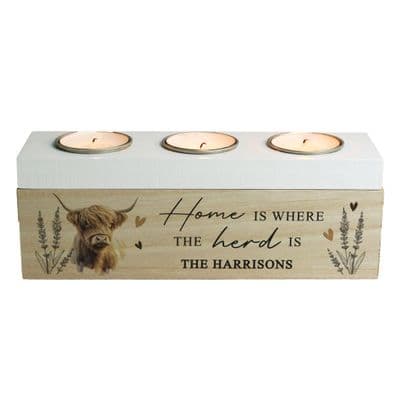 Personalised Highland Cow Triple Tea Light Holder