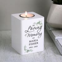 Personalised In Loving Memory Botanical White Wooden Tea Light Holder