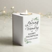 Personalised In Loving Memory Botanical White Wooden Tea Light Holder