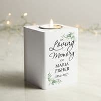 Personalised In Loving Memory Botanical White Wooden Tea Light Holder