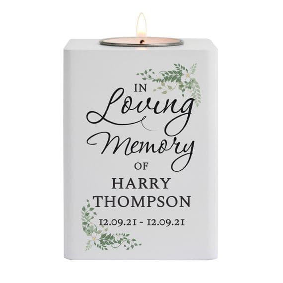 Personalised In Loving Memory Botanical White Wooden Tea Light Holder