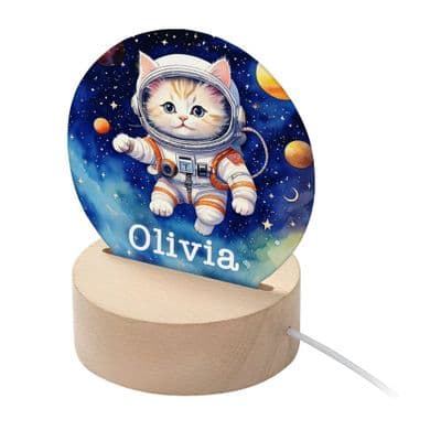 Personalised Kids Space Kitten LED Night Light