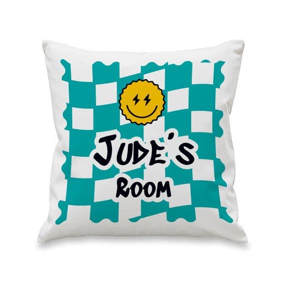 Personalised Kids Teal Checked Cushion