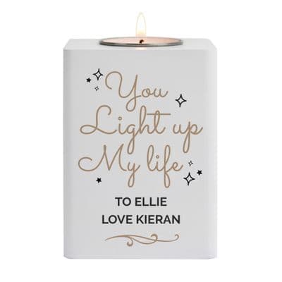 Personalised Light Up My Life White Wooden Tea Light Holder