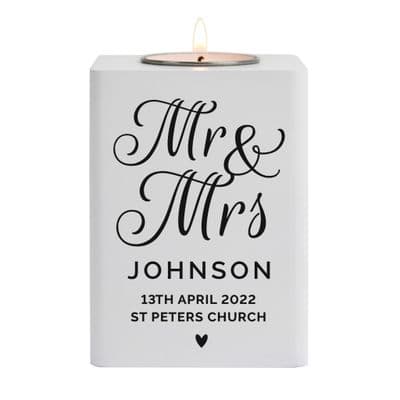 Personalised Mr & Mrs White Wooden Tea Light Holder
