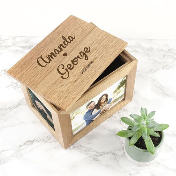 personalised Name And Heart Midi Oak Photo Cube Keepsake Box