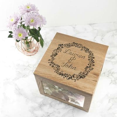 Personalised Oak Photo Keepsake Box With Floral Frame