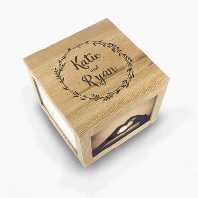 Personalised Oak Photo Wreath Design Keepsake Box