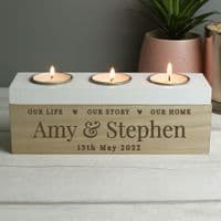 Personalised Our Life Story And Home Triple Tea Light Holder